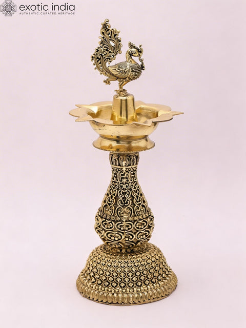 8" Fully Carved Superfine Peacock Lamp in Brass
