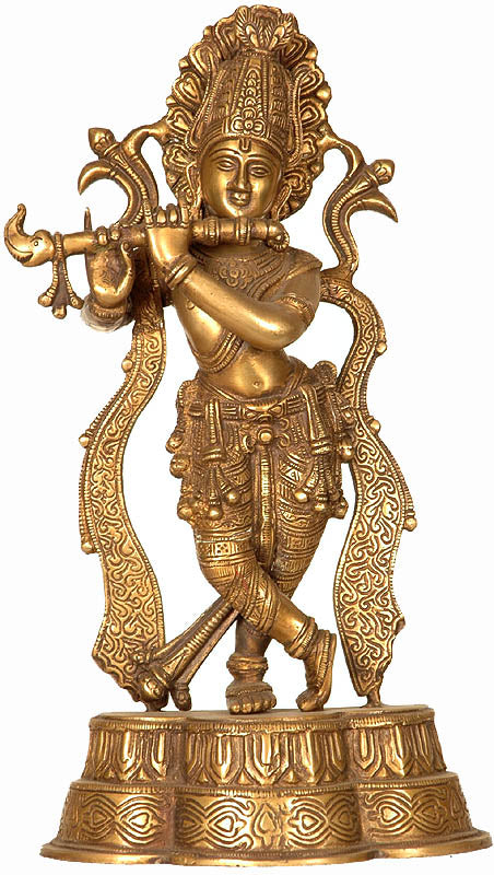 14" Fluting Krishna Brass Statue Handmade
