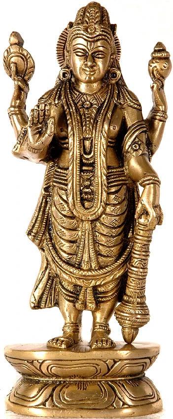 8" Four-Armed Standing Vishnu Sculpture in Brass | Handmade | Made in India