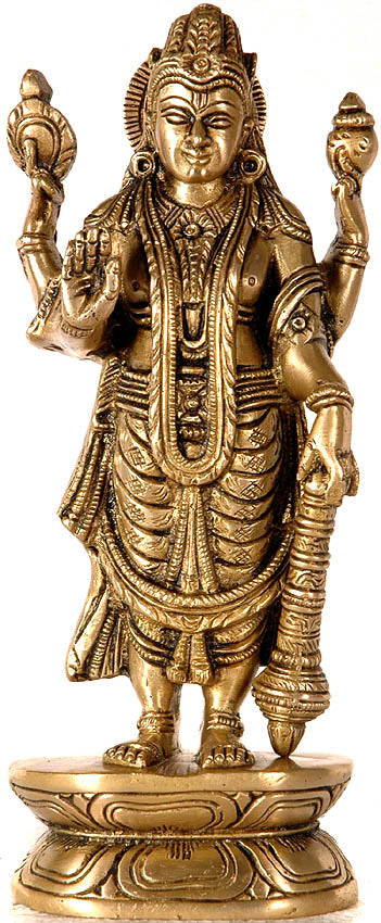 8" Four-Armed Standing Vishnu Brass Sculpture Handmade