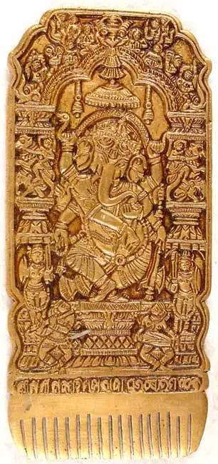 6" Brass Ganesha Comb with Radha Krishna Statue