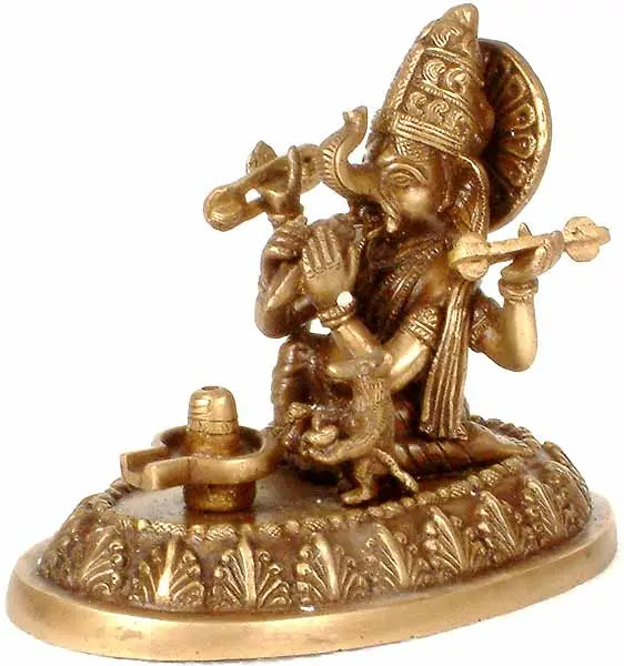 6" Ganesha Worships Shivalinga Brass Statue Handmade