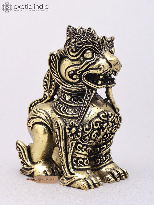 3" Handcrafted Brass Yali Guardian Lion Temple Statue