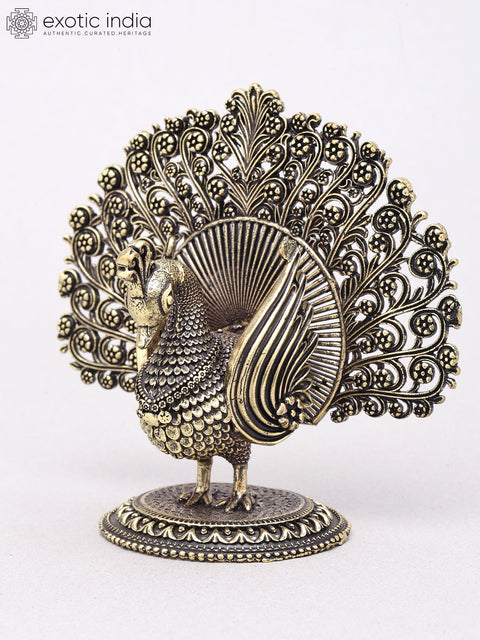 3" Small Superfine Peacock Figurine with Open Tail | Brass Table Decor