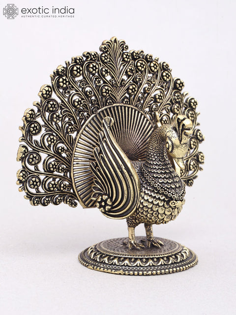 3" Small Superfine Peacock Figurine with Open Tail | Brass Table Decor