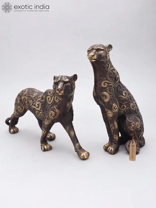 14" Brass Tiger Pair Statue for Home Decor