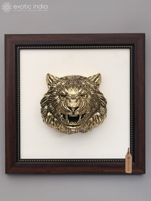 9" Wood Framed Superfine Lion Face Statue in Brass | Wall Hanging