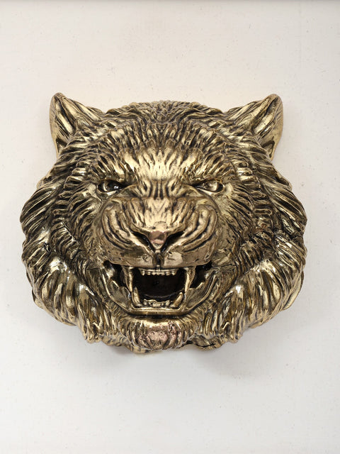 9" Wood Framed Superfine Lion Face Statue in Brass | Wall Hanging