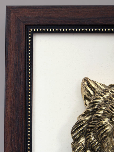 9" Wood Framed Superfine Lion Face Statue in Brass | Wall Hanging