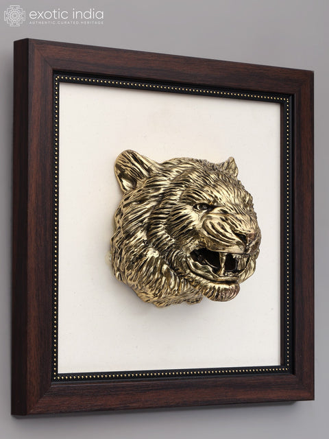9" Wood Framed Superfine Lion Face Statue in Brass | Wall Hanging