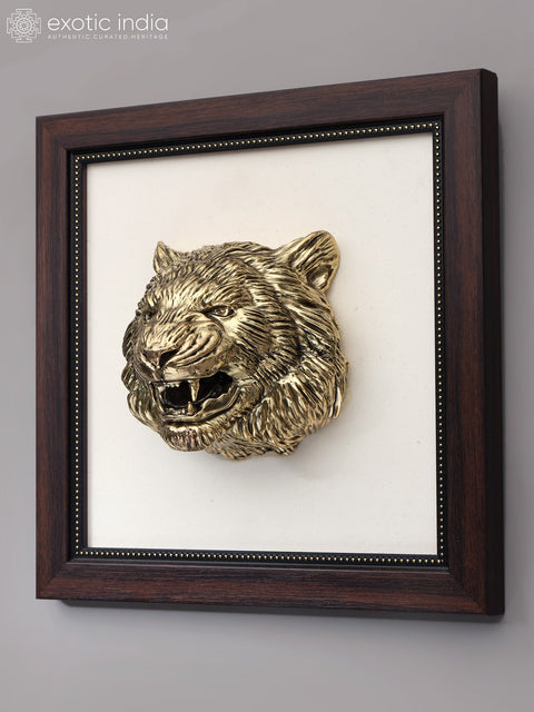 9" Wood Framed Superfine Lion Face Statue in Brass | Wall Hanging