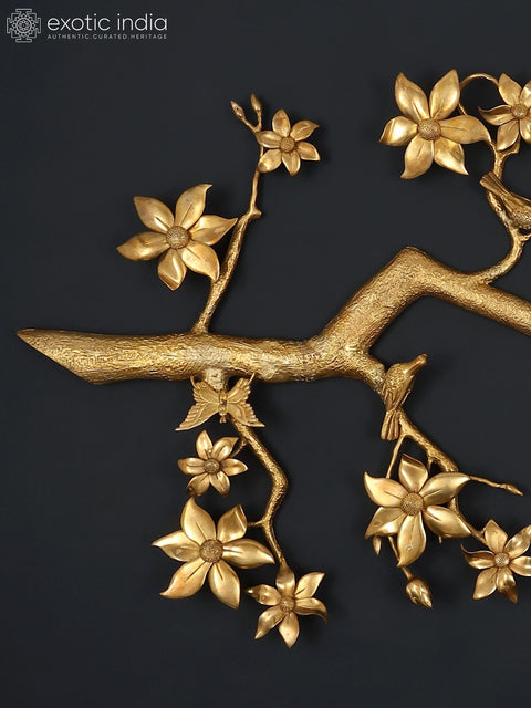 60" Large Decorative Brass Tree Branch with Flowers and Buds | Wall Hanging