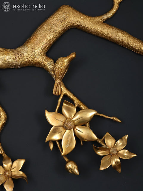 60" Large Decorative Brass Tree Branch with Flowers and Buds | Wall Hanging
