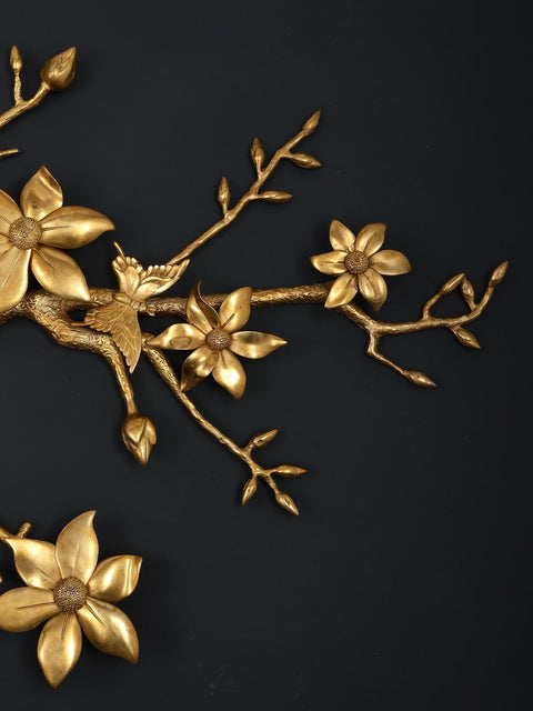 60" Large Decorative Brass Tree Branch with Flowers and Buds | Wall Hanging