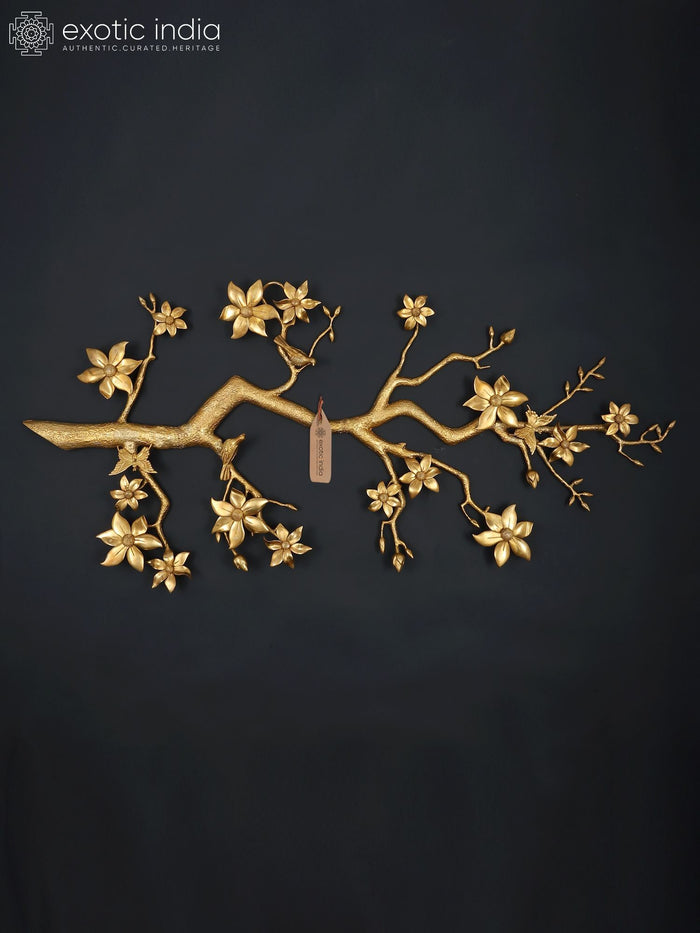 60" Large Decorative Brass Tree Branch with Flowers and Buds | Wall Hanging