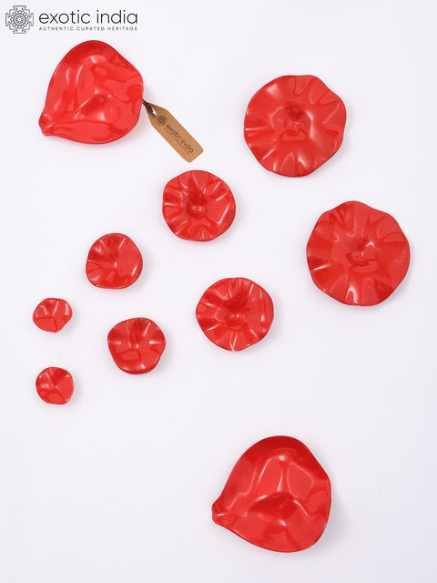 Hand-Painted Red Floral Petals Wall Art Set in Brass with Gloss Finish | Set of 10 Pieces