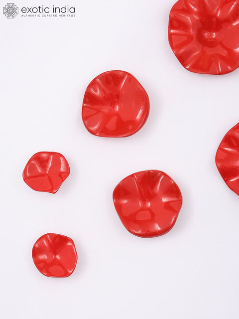 Hand-Painted Red Floral Petals Wall Art Set in Brass with Gloss Finish | Set of 10 Pieces