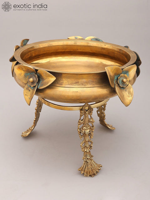 14" Flower Design Brass Urli with Stand | Home Decor