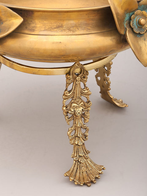 14" Flower Design Brass Urli with Stand | Home Decor