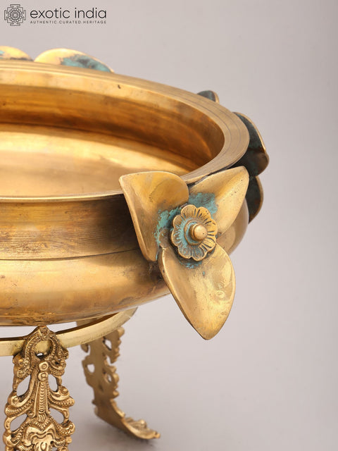 14" Flower Design Brass Urli with Stand | Home Decor