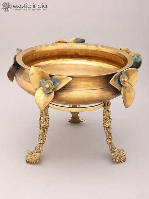 14" Flower Design Brass Urli with Stand | Home Decor