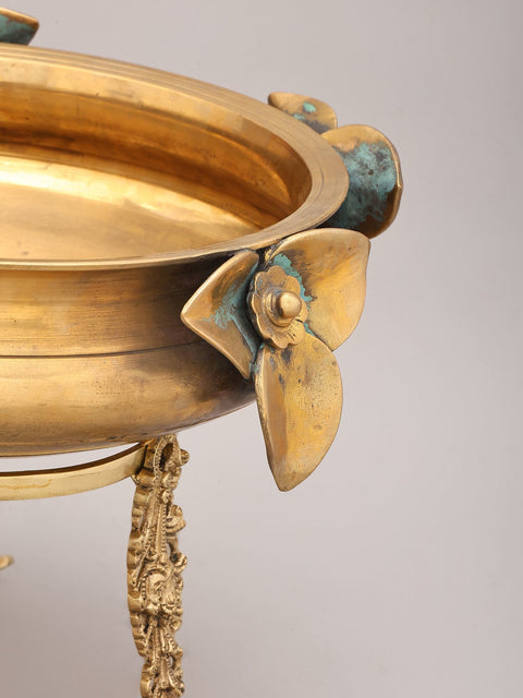 14" Flower Design Brass Urli with Stand | Home Decor