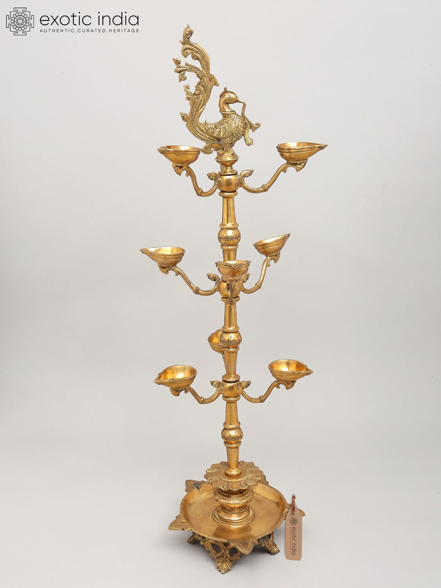 36" Large Peacock Brass Oil Lamp Multi Wicks Home Decor