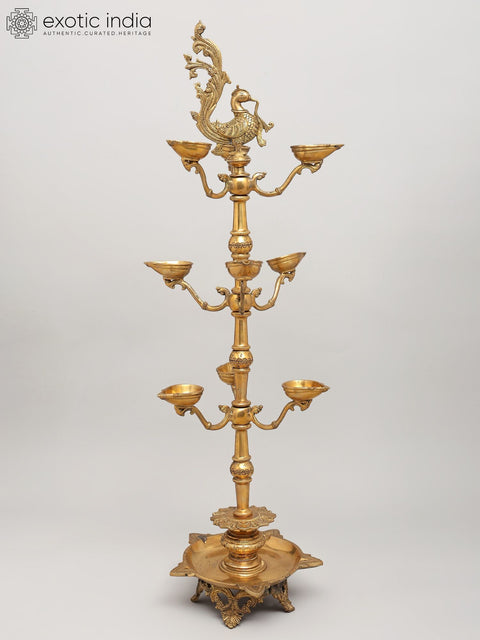 36" Large Multi Wicks Peacock Lamp in Brass
