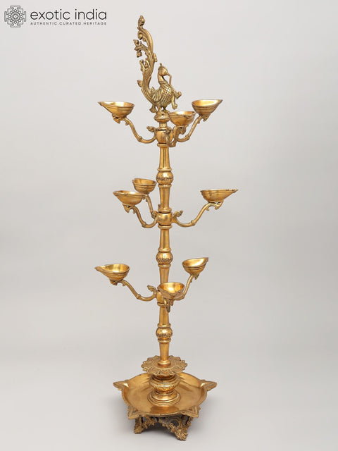 36" Large Multi Wicks Peacock Lamp in Brass