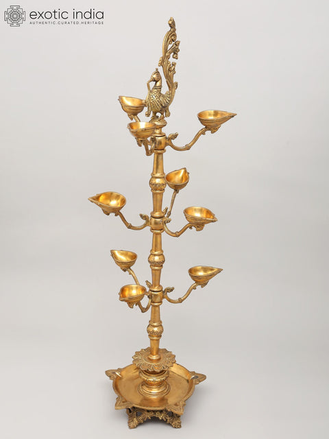 36" Large Multi Wicks Peacock Lamp in Brass