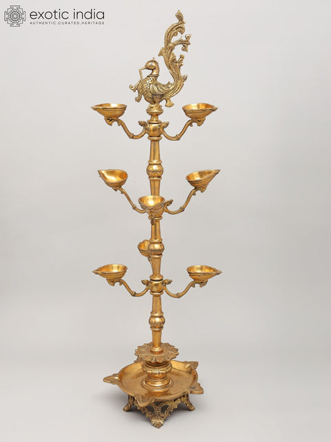 36" Large Multi Wicks Peacock Lamp in Brass