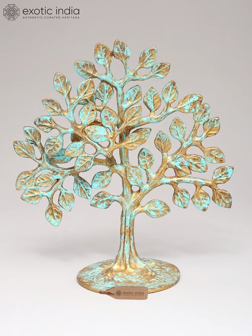 Handpainted Brass Tree Sculpture with Turquoise Shades