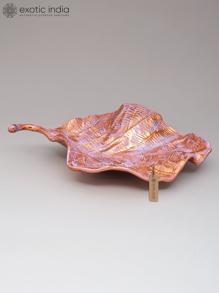 11" Brass Leaf Shaped Decorative Platter Handpainted