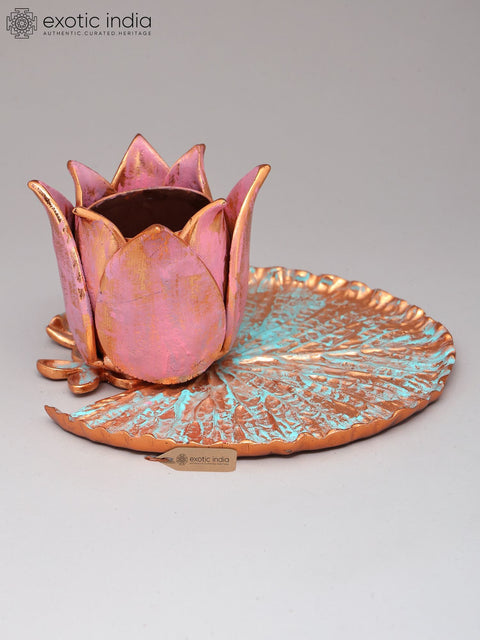 6" Handpainted Lotus Flower Candle Holder with Leaf Base