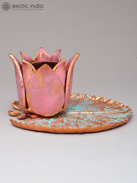 6" Handpainted Lotus Flower Candle Holder with Leaf Base