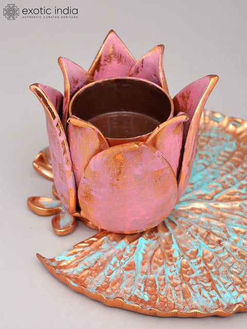 6" Handpainted Lotus Flower Candle Holder with Leaf Base