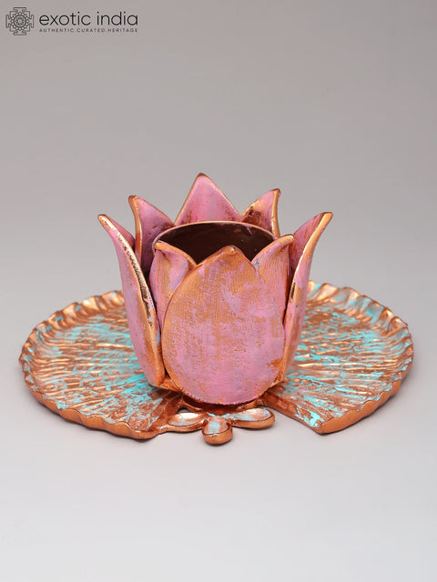 6" Handpainted Lotus Flower Candle Holder with Leaf Base