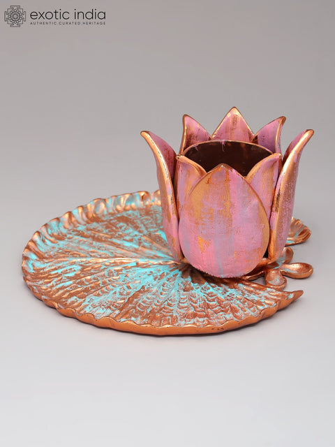 6" Handpainted Lotus Flower Candle Holder with Leaf Base