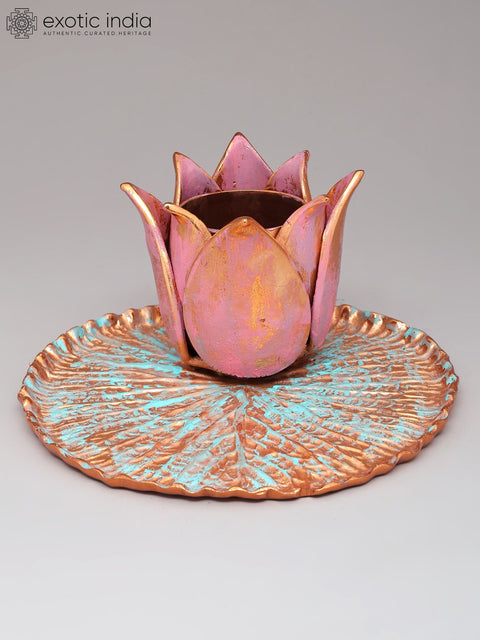 6" Handpainted Lotus Flower Candle Holder with Leaf Base