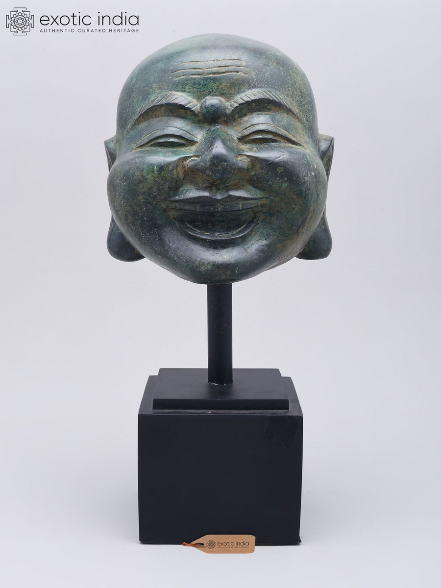 15" Laughing Buddha Head Brass Statue on Wood Base