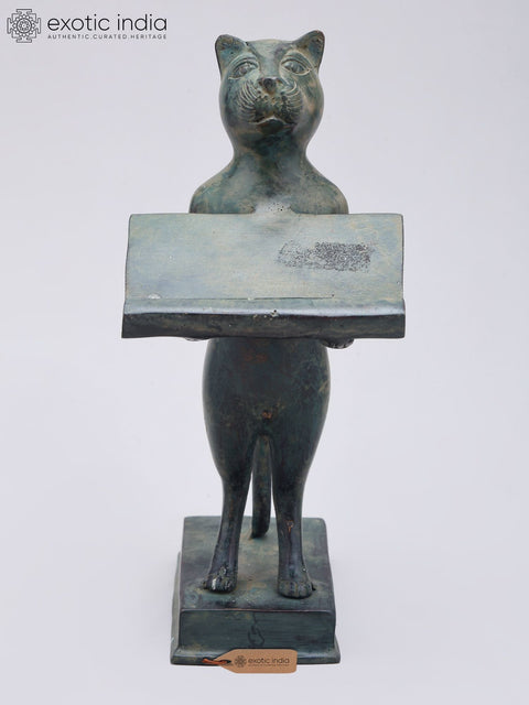 8" Cat Figurine with Offering Tray | Decorative Brass Statue | Table Piece