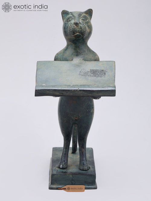 8" Brass Cat Figurine with Offering Tray Decorative Statue