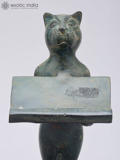 8" Cat Figurine with Offering Tray | Decorative Brass Statue | Table Piece