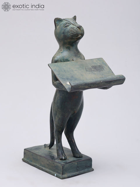 8" Cat Figurine with Offering Tray | Decorative Brass Statue | Table Piece
