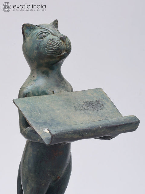 8" Cat Figurine with Offering Tray | Decorative Brass Statue | Table Piece