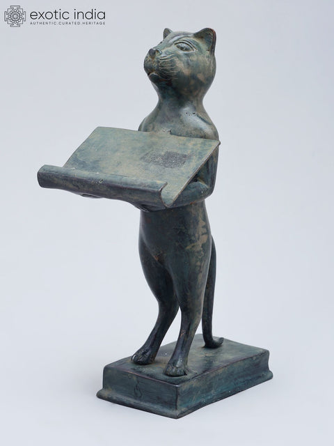 8" Cat Figurine with Offering Tray | Decorative Brass Statue | Table Piece