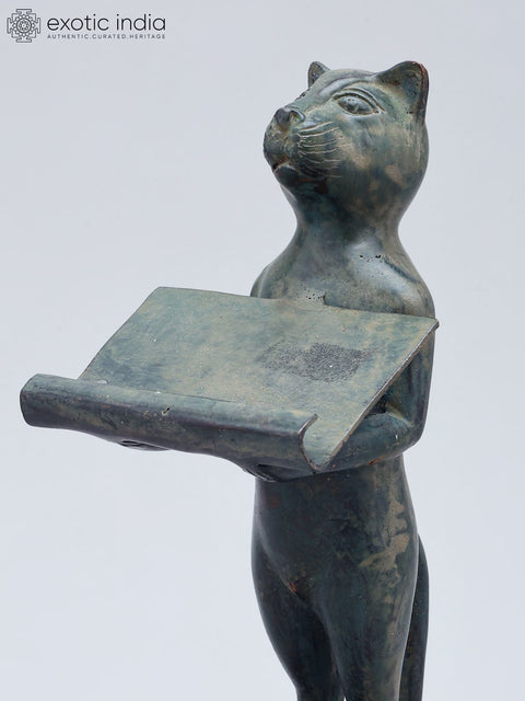 8" Cat Figurine with Offering Tray | Decorative Brass Statue | Table Piece