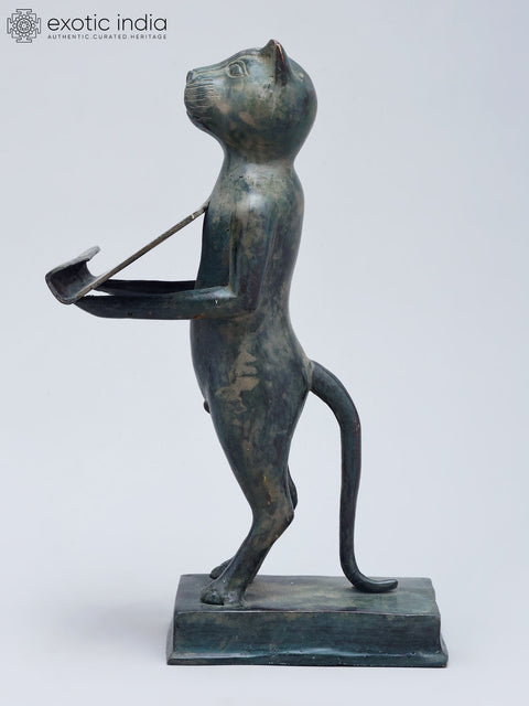 8" Cat Figurine with Offering Tray | Decorative Brass Statue | Table Piece