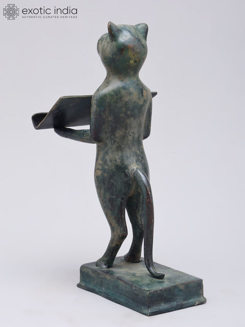 8" Cat Figurine with Offering Tray | Decorative Brass Statue | Table Piece