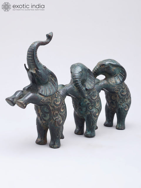 10" Decorative Elephants Trio in Brass | Home Decor